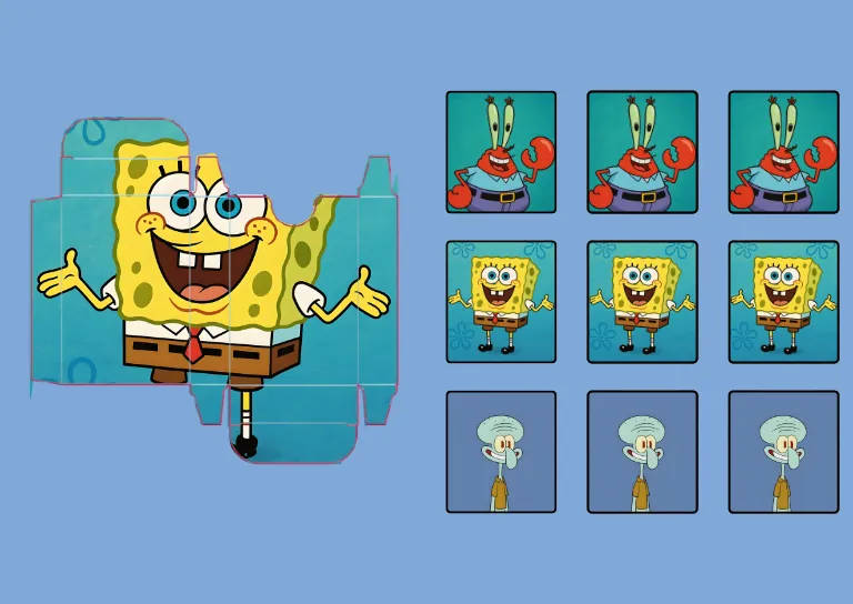 Molde da caixinha e cartinhas do jogo da memória no tema Bob Esponja