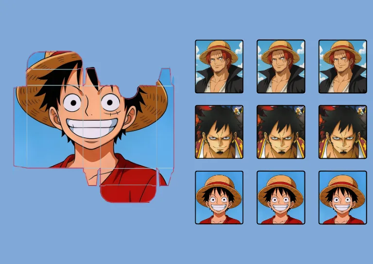 Molde da caixinha e cartinhas do jogo da memória no tema One Piece
